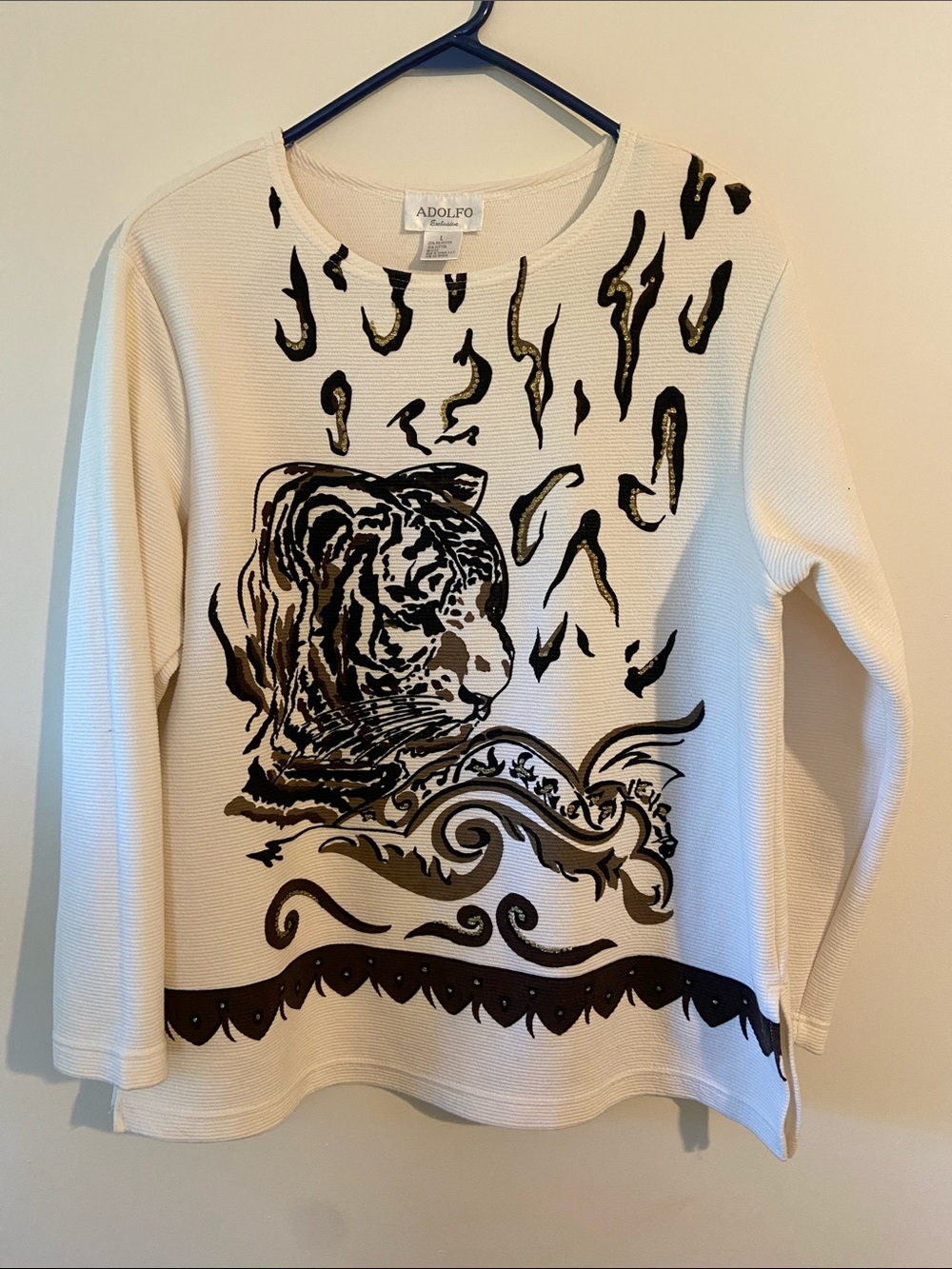 Adolfo Cream Knit Sweater with Black and Brown Tiger Motif